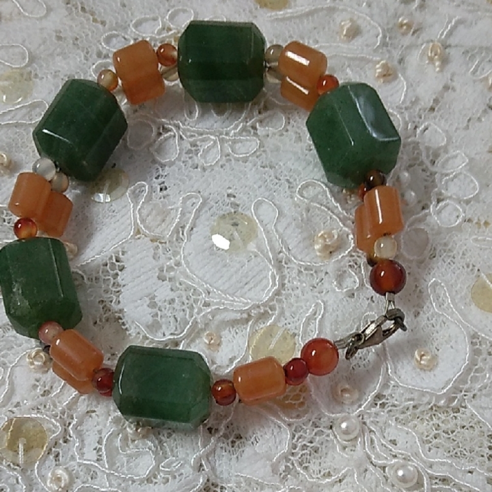 Green and Orange Geometric Beaded Bracelet
